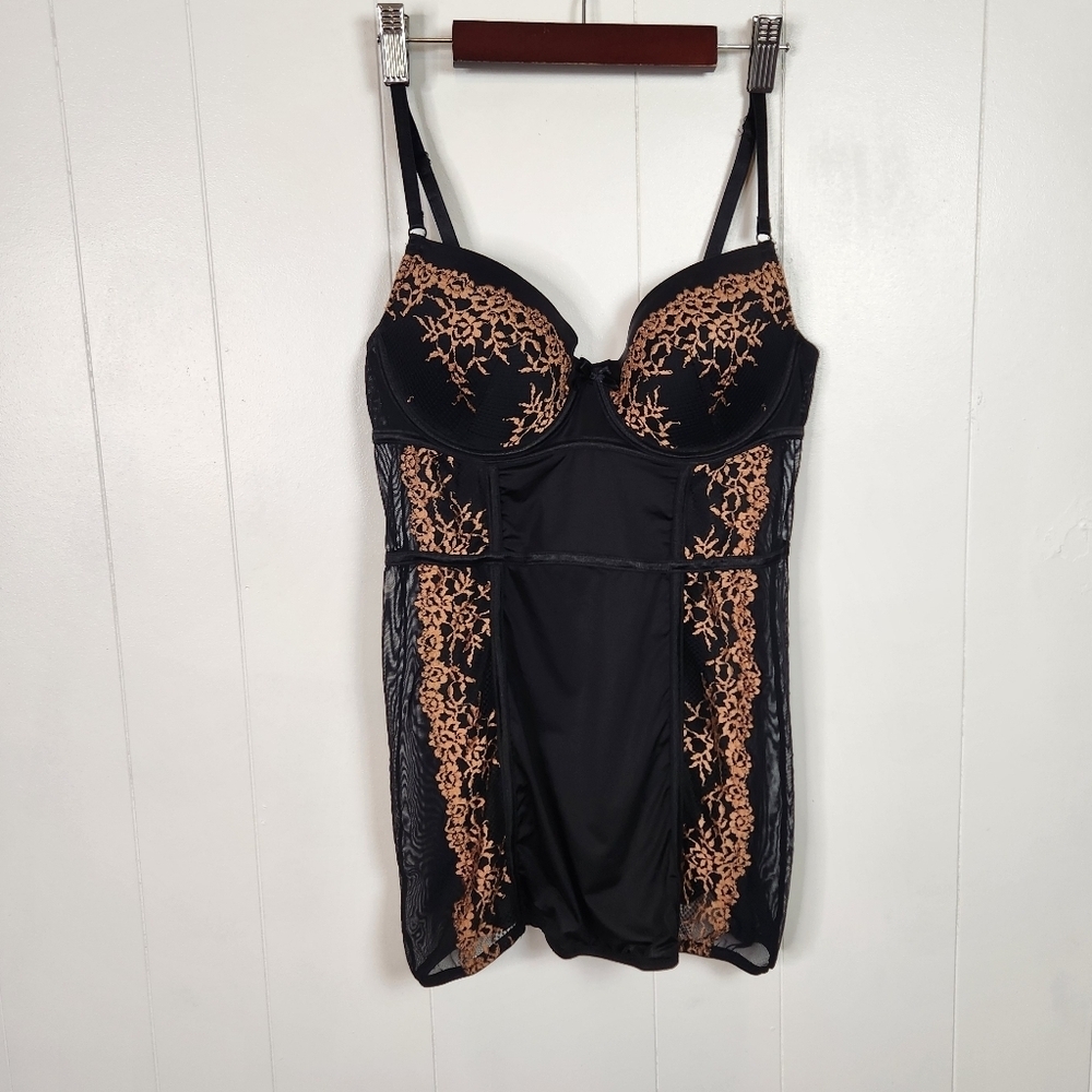 La Vie en Rose Black Gold Lace Mesh Lingerie Teddy Slip Size Medium Underwire - Picture 2 of 7